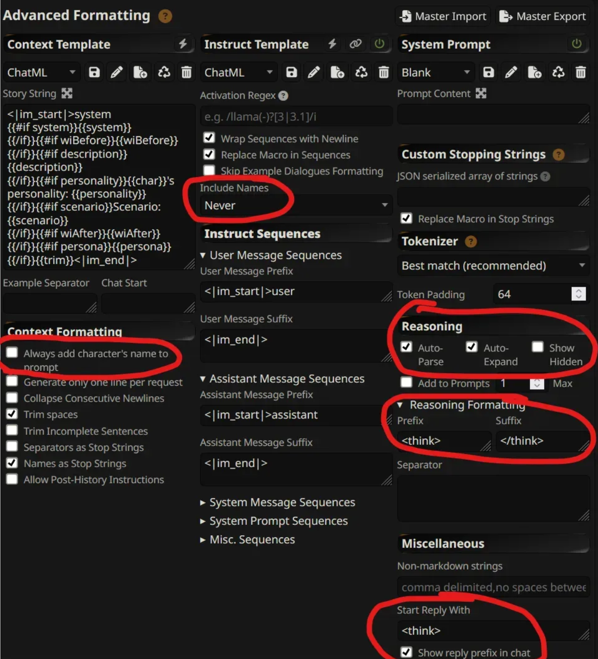 Important settings in ST for reasoning models