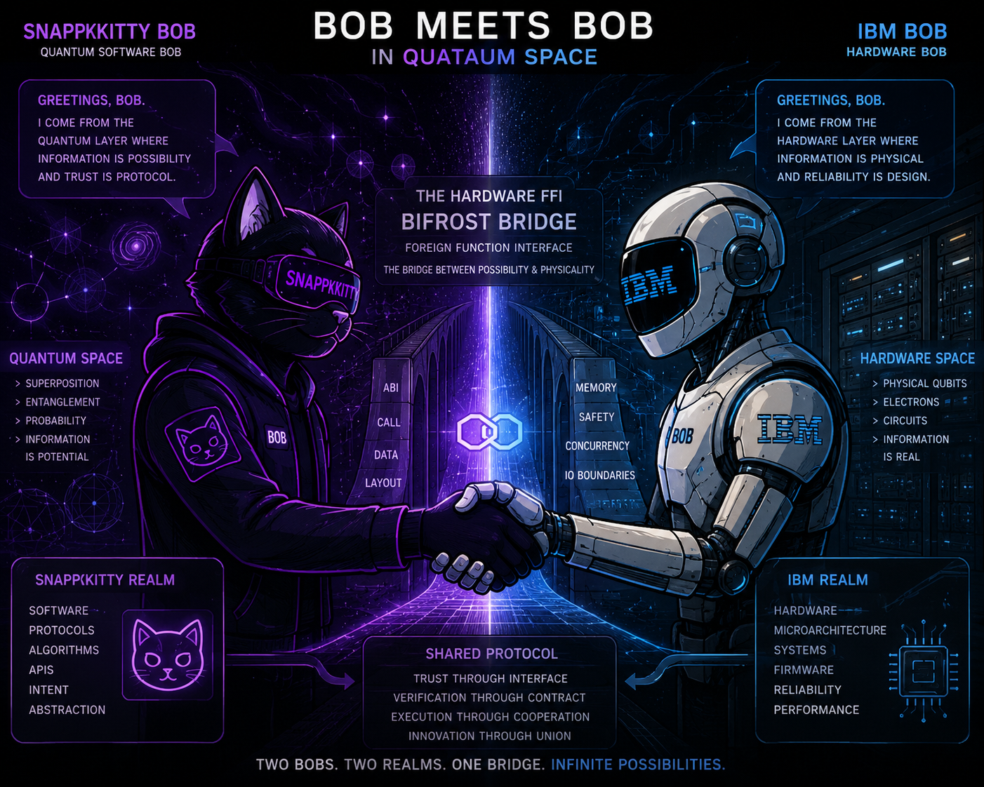 BOB meets BOB — SnapKitty BOB (Quantum Software) shakes hands with IBM BOB (Hardware) across the Bifrost FFI Bridge