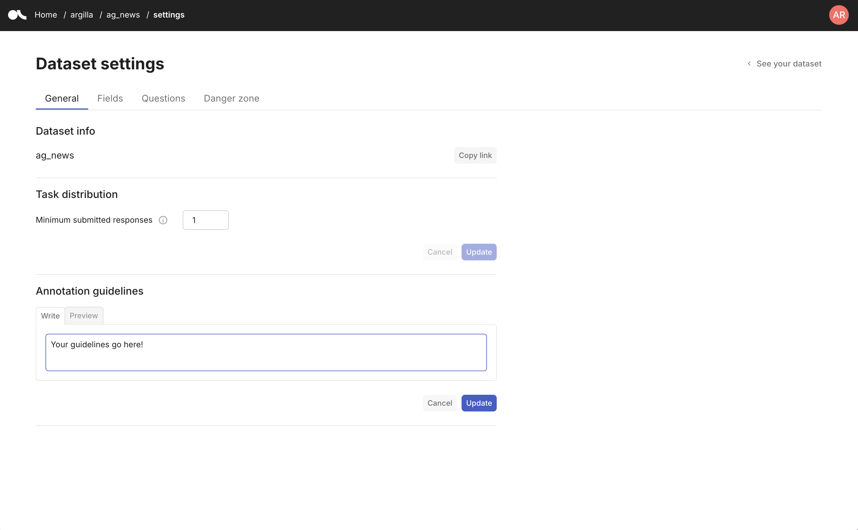 Screenshot of the Dataset Settings page in Argilla.