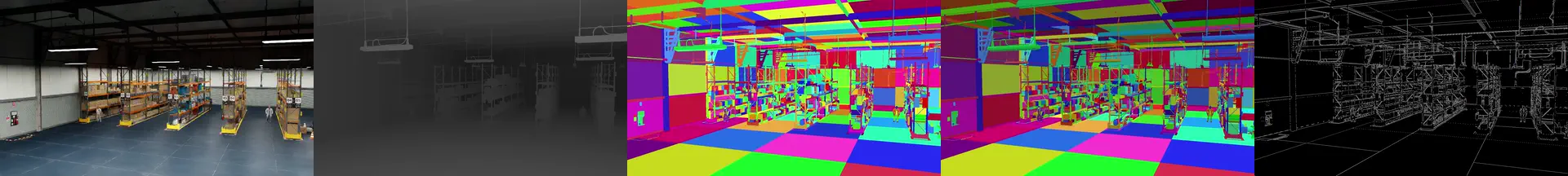Warehouse fire — full 10-second run, ignition followed by coordinated evacuation, shown across all 5 modalities (left to right: RGB, depth, instance segmentation, shaded segmentation, canny edges).