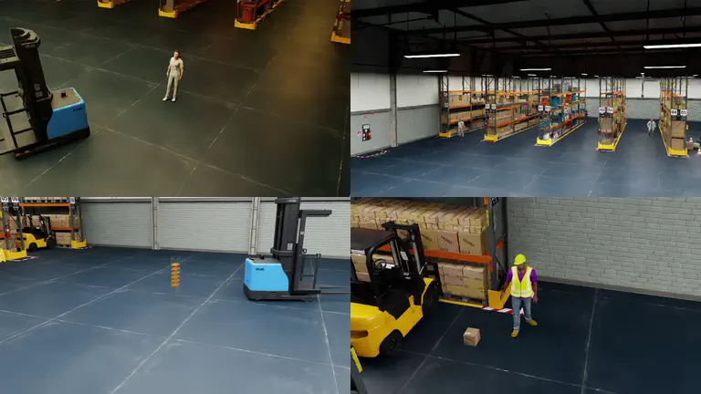 Hero — four warehouse-safety scenarios in synchronized multi-view simulation.