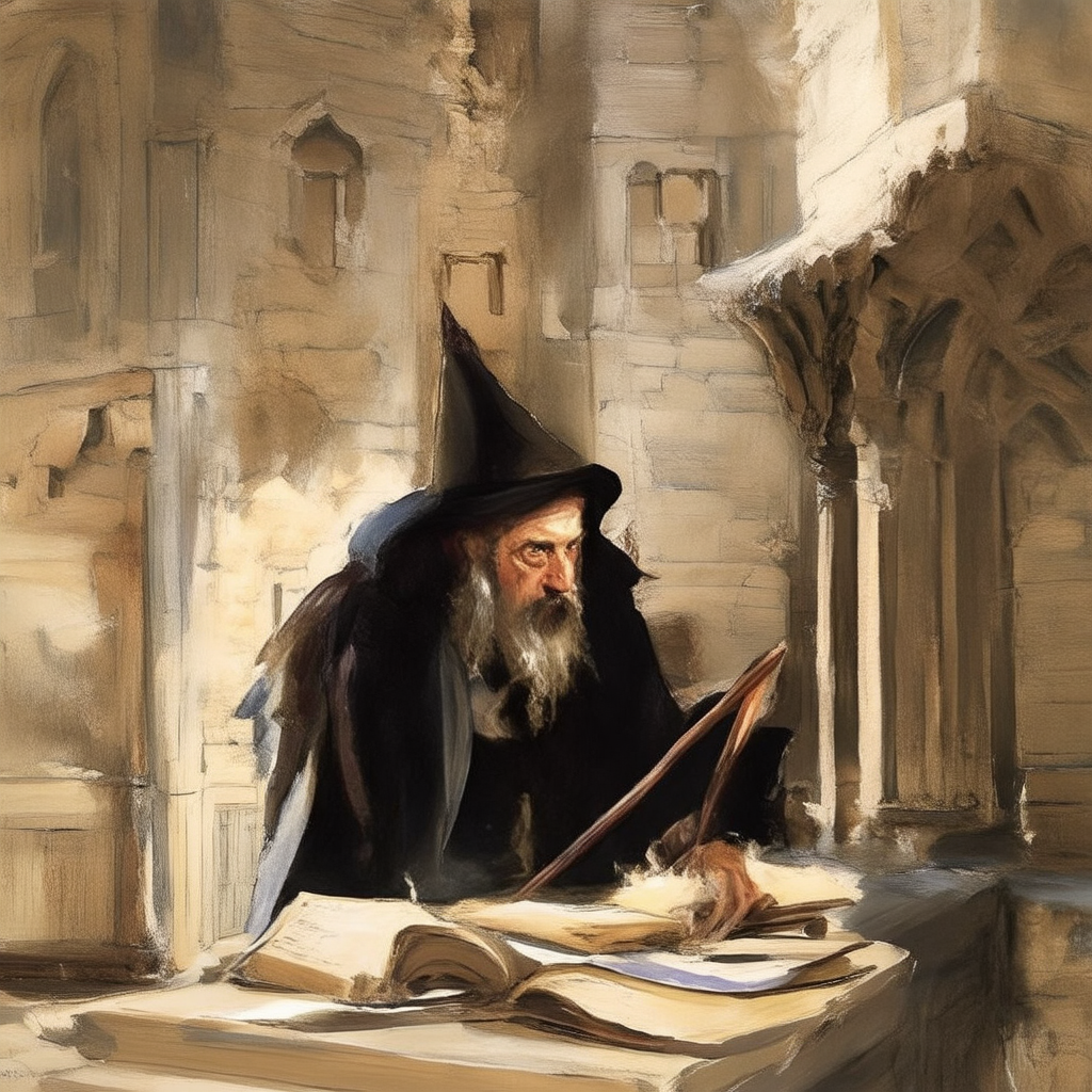 A wise medieval wizard in a towering castle, studying ancient tomes of magic
