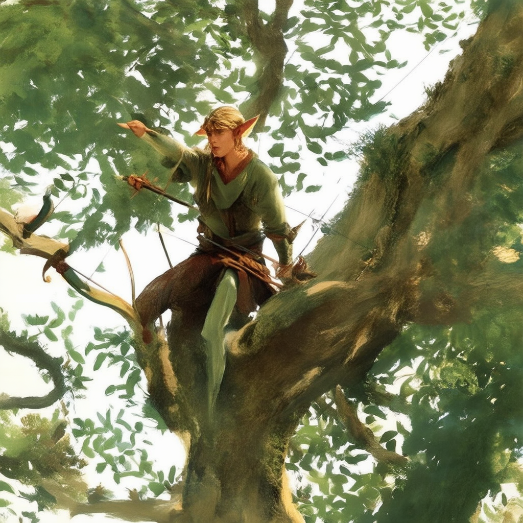 A swift and agile elven archer perched in a tree, nocking an arrow