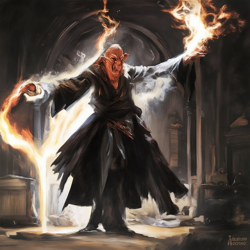 A powerful demonic sorcerer casting a spell in a dark, mysterious chamber