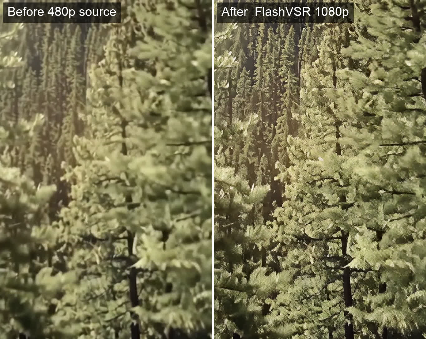 FlashVSR before/after: 480p source vs FlashVSR 1080p